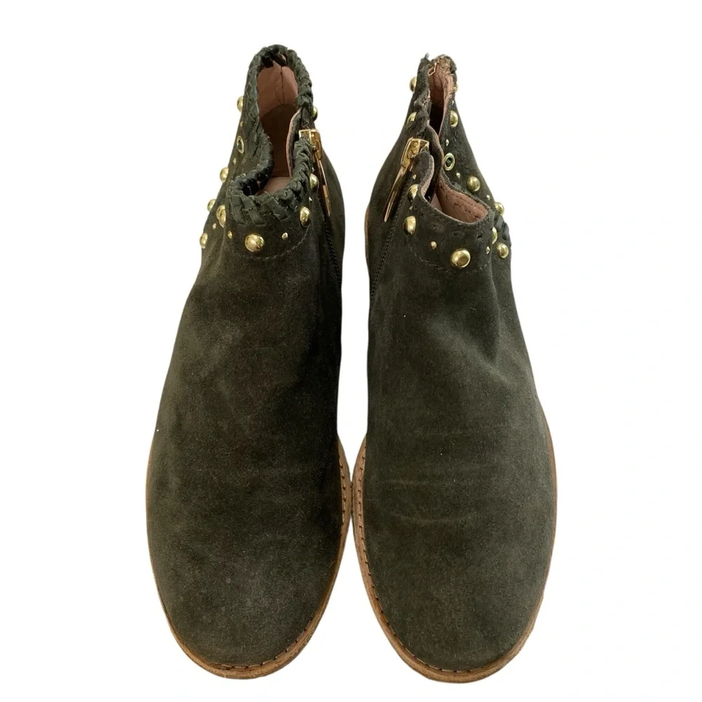 Kate Spade Festival Suede Leather Green Moss Ankle Booties‎ 8 Zip Studded Fringe